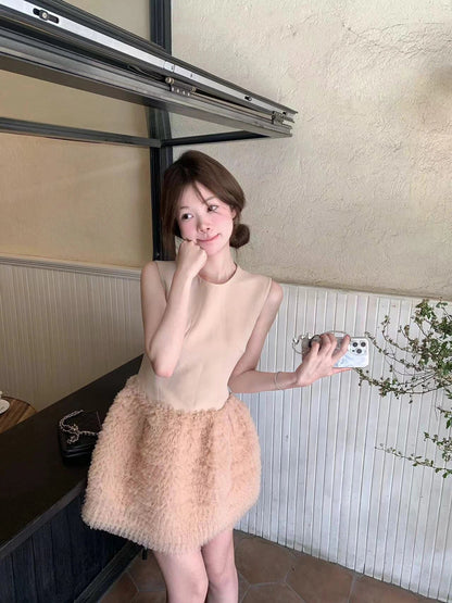 Summer O-Neck Mini Dress Party Dress Fashion Layered Mesh Patchwork Sleeveless A-Line Tank Dress