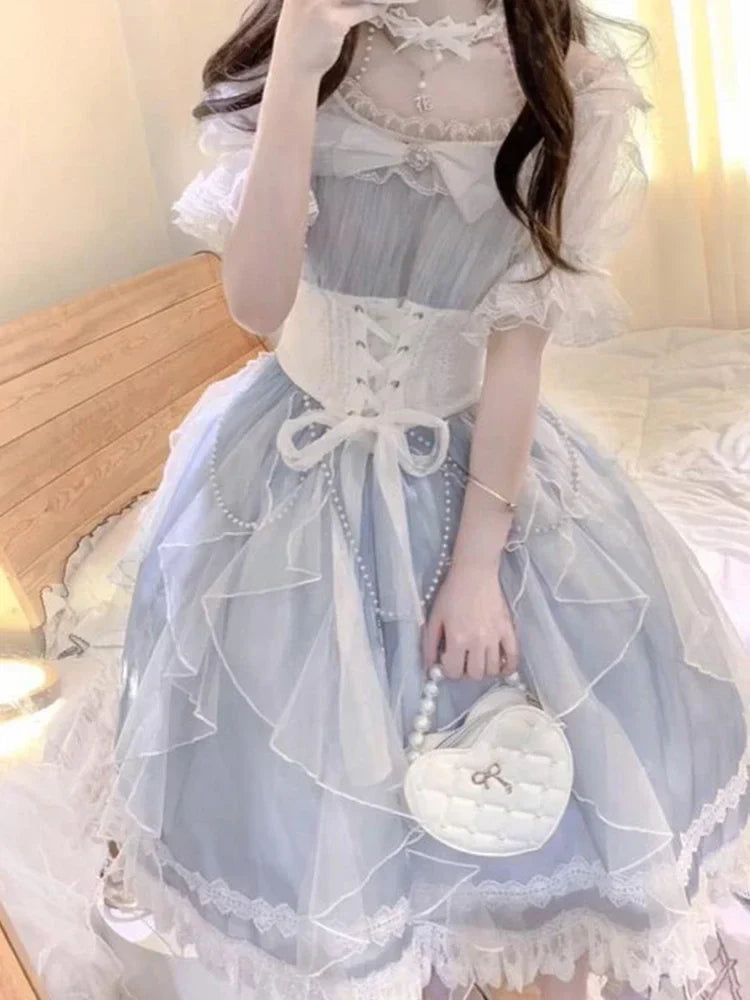 Light Blue Lolita Off-shoulder Neck Lace-up Dress Flower Wedding Elegant Gorgeous High Waist Short Sleeve Princess Dresses