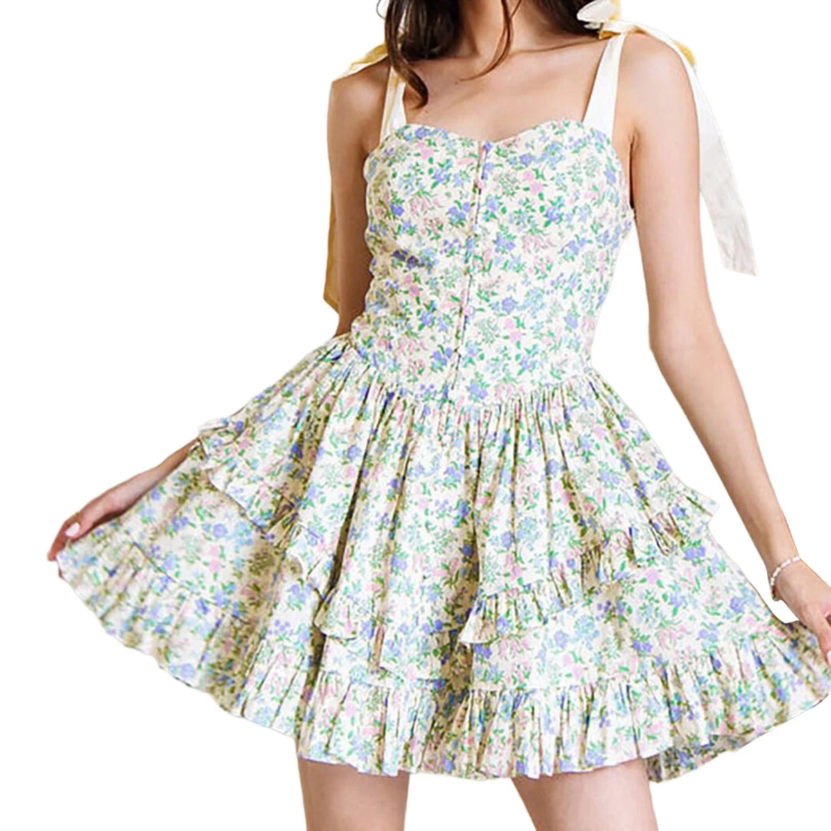 Elegant Sleeveless Floral Print Mini Dress with Bow Tie Shoulder Detail and Flirty Ruffle Hem - A Line Swing Dress for Women