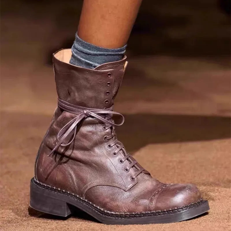 Designer Luxury Brand Martin Boots Women Side Zipper Mid Heel Lace-up Round Toe Female Shoes Runway Solid Color Motorcycle Boots