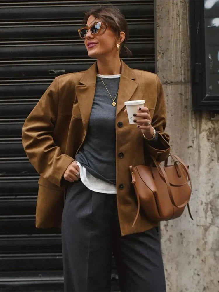Casual Brown Cropped Lapel Women's Jacket Fashion Single Breasted Long Sleeve Loose Coat New Winter Chic Female Streetwear