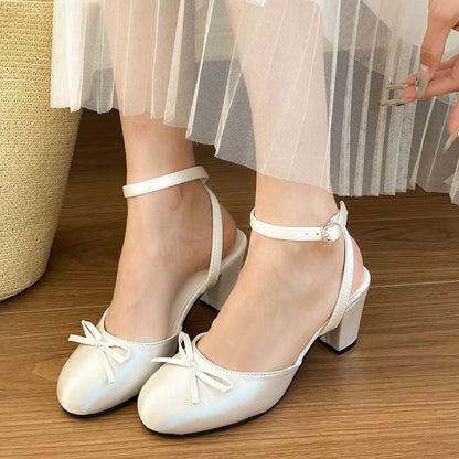 Women's Satin Round Toe Bowknot Block Heel Mary Janes Shoes Ankle Buckle Strap Slingback Pumps Wedding Party High Heels Shoes