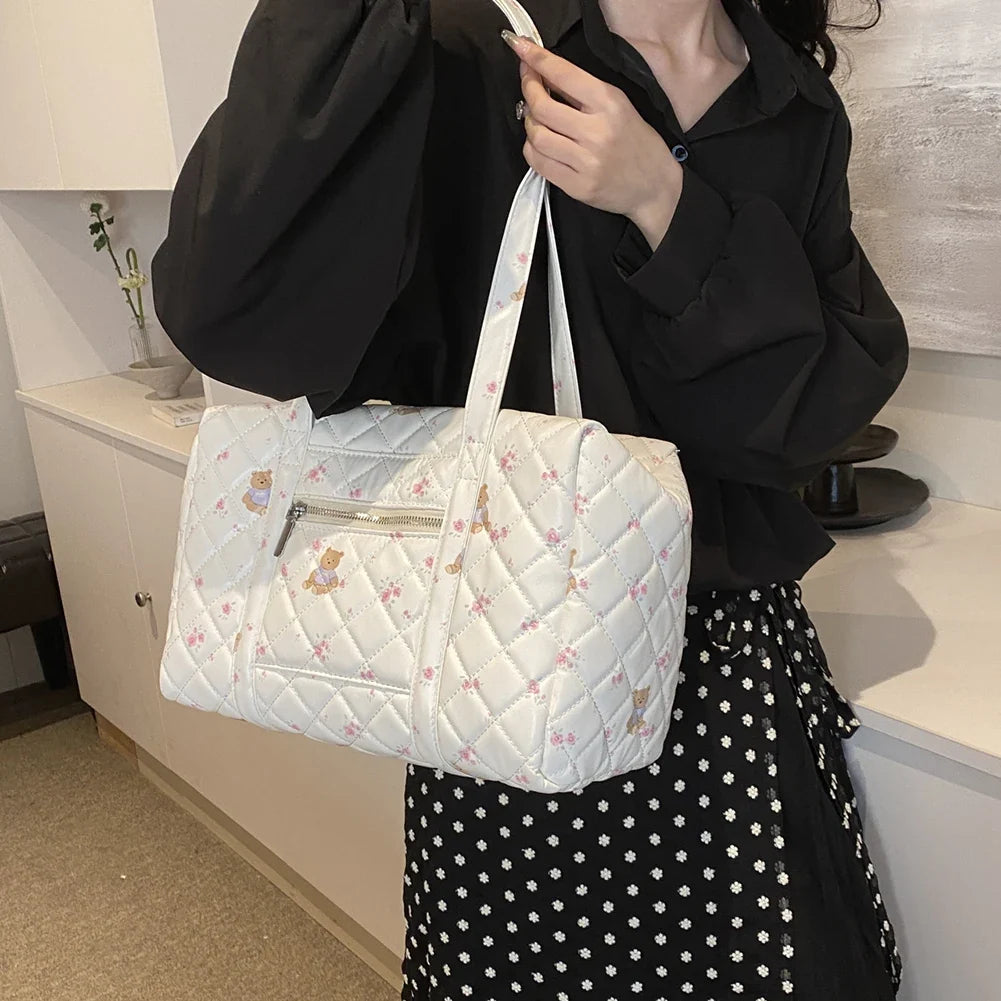 Women Floral Bear Shoulder Bag Large Capacity Cartoon Nursing Bag Adjustable Strap Quilted Maternity Bag Ladies Travel Handbag