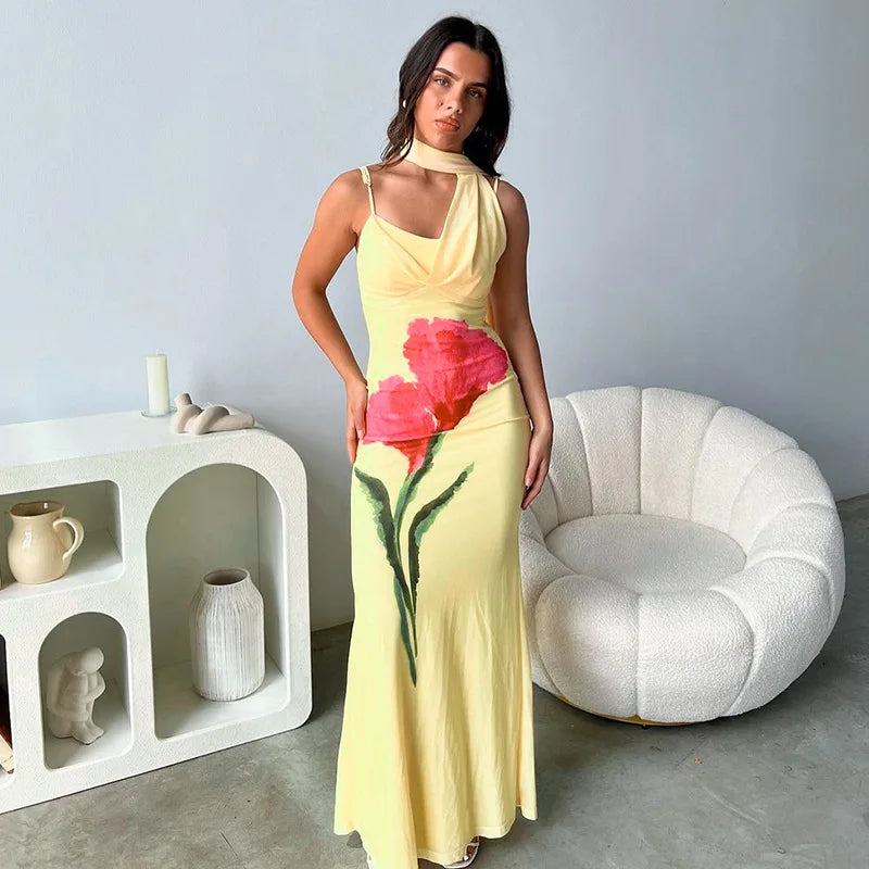 Cowl Neck Asymmetrical Strap Large Floral Graphic Spaghetti Strap Maxi Dress
