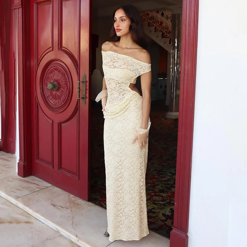 Off Shoulder Floral Lace Asymmetric Neckline Bodycon Maxi Dress