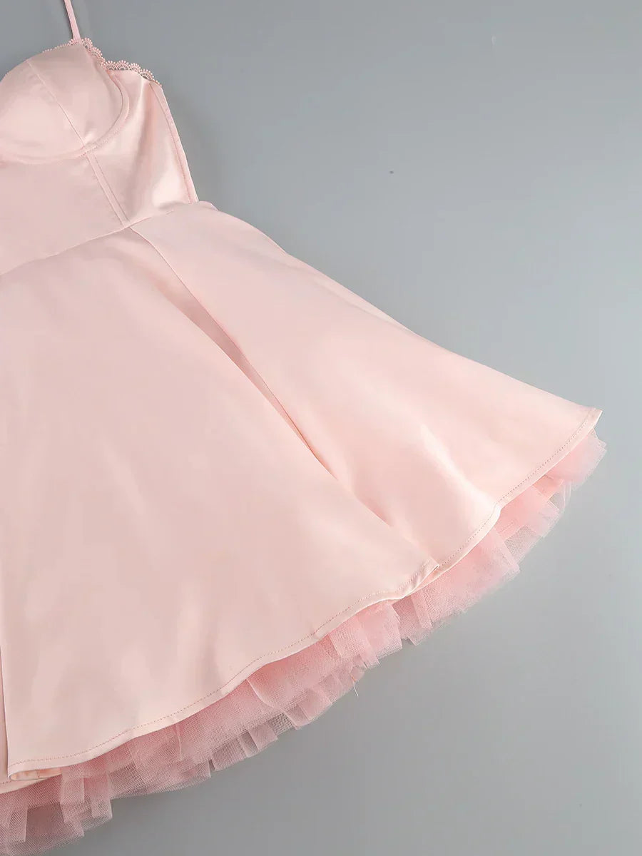 Sweetheart Neck Lace Trim Spaghetti Strap Tulle Hem Fit and Flare Mini Dress