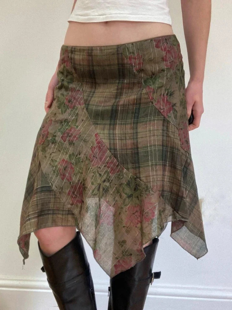 Y2k Sexy Low Waist American Retro Print Plaid Patchwork Irregular Streetwear Fashion Skirts