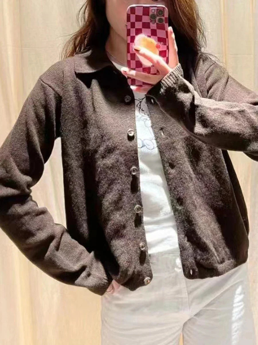 Vintage Button Soft Knitted Cardigan Femme Autumn Cotton Warm Turn Down Collar Sweaters Coat Harajuku Casual Women Sweater Tops