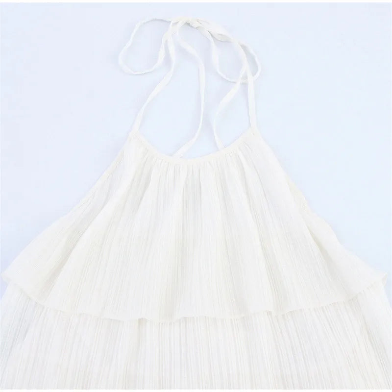 Women White Stacked Ruffle Mini Dress Elegant O-neck Sleeveless Backless A-line Halter Dresses 2025 Summer Lady Beach Vestido