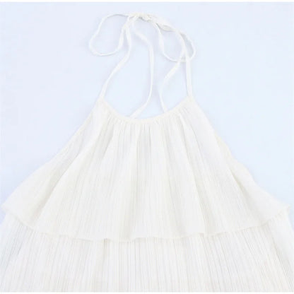 Women White Stacked Ruffle Mini Dress Elegant O-neck Sleeveless Backless A-line Halter Dresses 2025 Summer Lady Beach Vestido