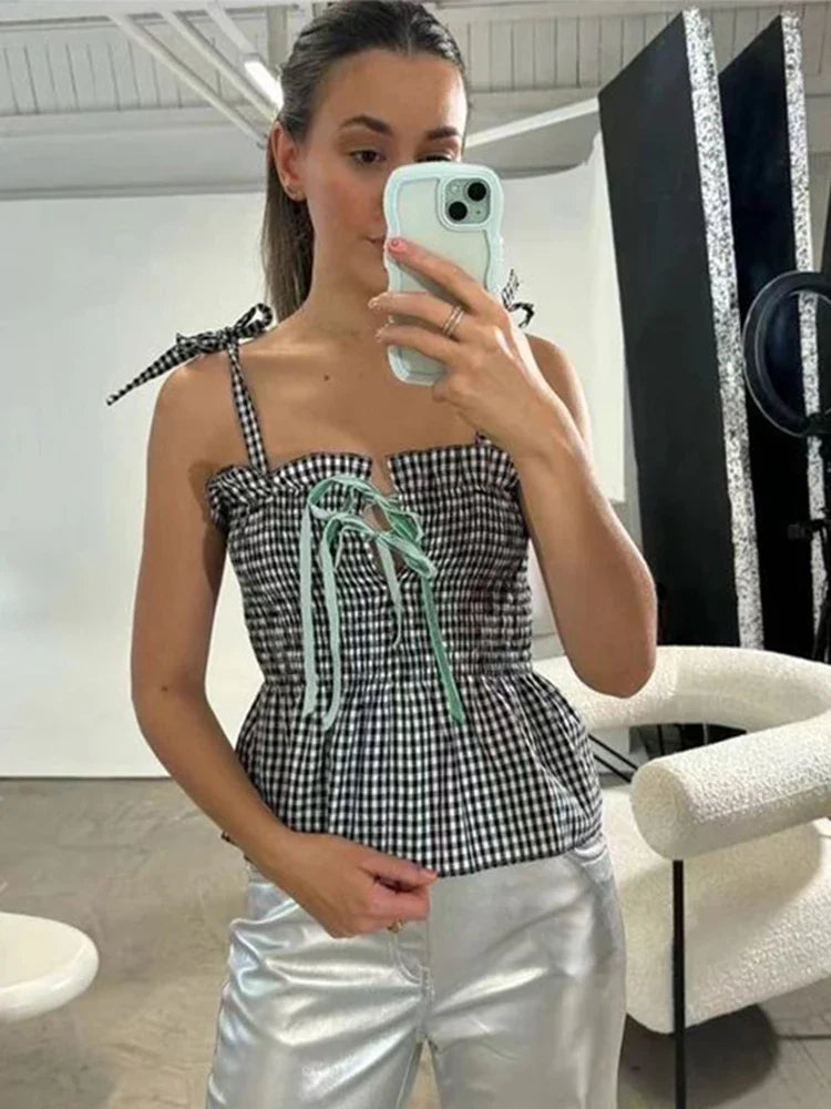 Plaid Bow Lace Up Sling Top Women Casual Ruffles Sleeveless Backless Vest 2024 Summer High Street All-matching Woman Clothes