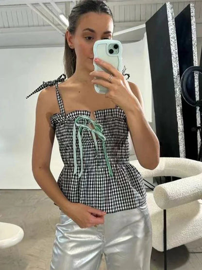 Plaid Bow Lace Up Sling Top Women Casual Ruffles Sleeveless Backless Vest 2024 Summer High Street All-matching Woman Clothes