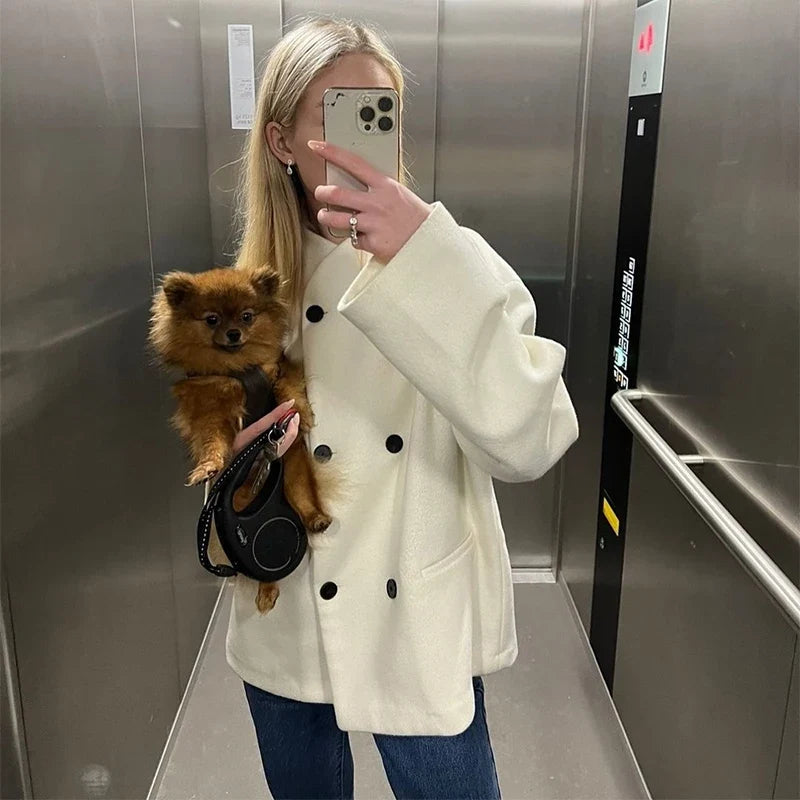 Minimalism Solid Color Women's Coat Round Neck Double Breasted Jackets New Autumn Fashion Coats Casual Loose Ladies Outerwear