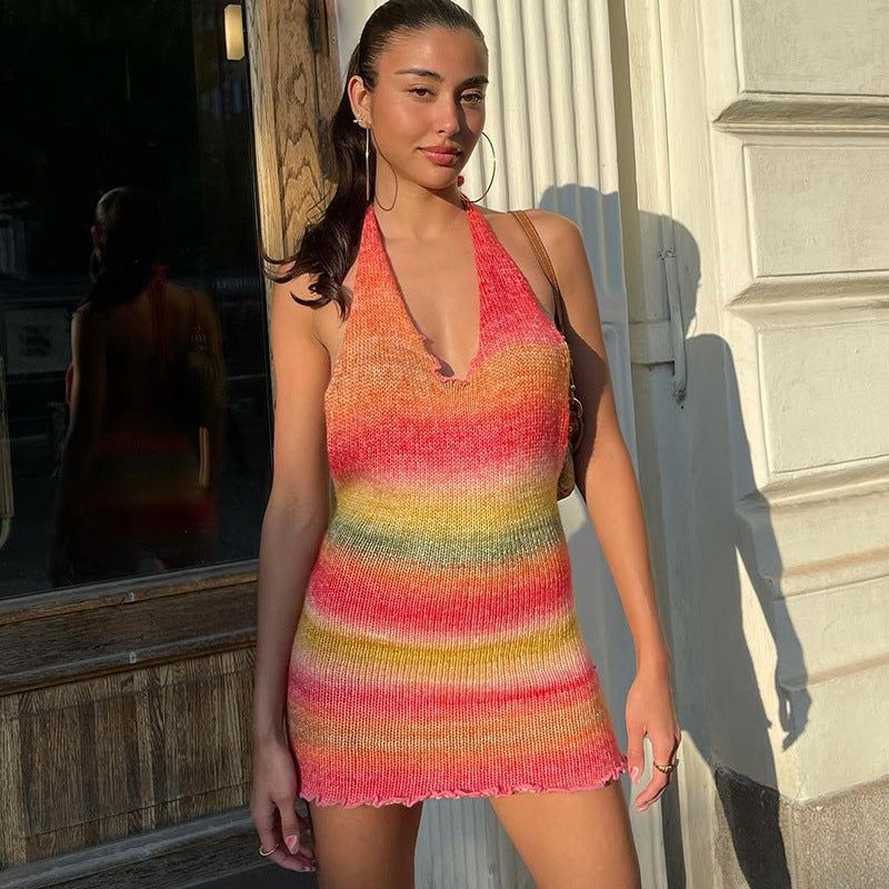 Stripe Knit Halter Deep V Neck Crochet Bodycon Mini Dress