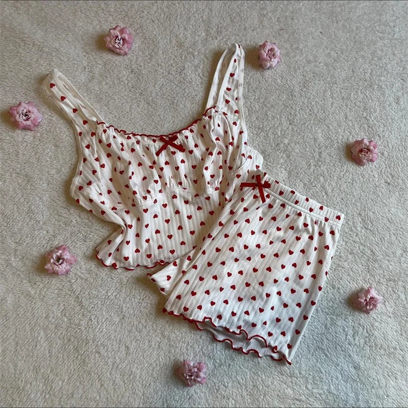 y2k Fairycore Women's Shorts Loungewear Set Heart Print Mini Bow Cami Tops with Elastic Waist Shorts 2 Pieces Sleepwear
