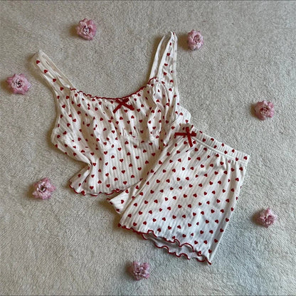 y2k Fairycore Women's Shorts Loungewear Set Heart Print Mini Bow Cami Tops with Elastic Waist Shorts 2 Pieces Sleepwear