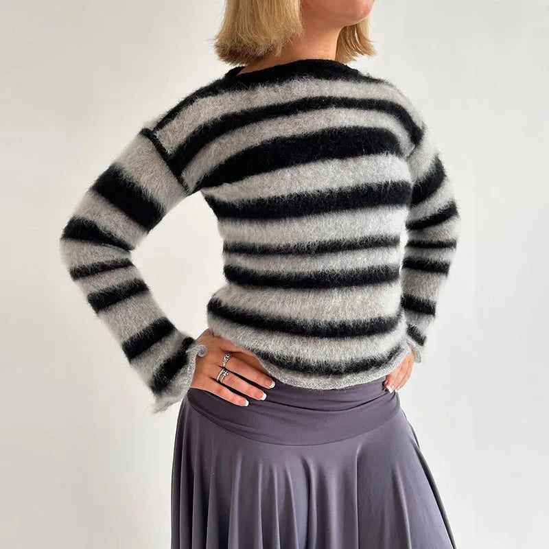 Striped Sweater Women Contrast Color Knitted O-neck Long Sleeve Loose Chic Pullover Female Winter New Top Pollover