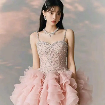 New Sleeveless Birthday Princess Party Dress for Girls Sweet High Waist Slimming A-line Rufffle Puffy Strap Mini Dress for Women