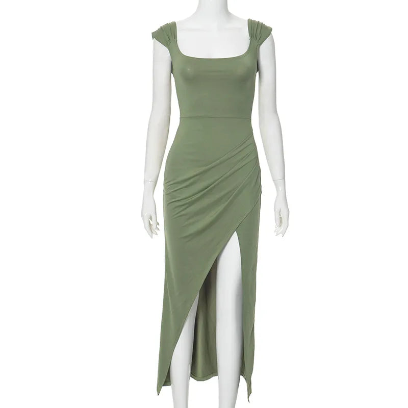 Square Neck Slim Slit Long Dress For Women Sleeveless Irregular High Waisted Backless Summer Solid Color Evening Dress