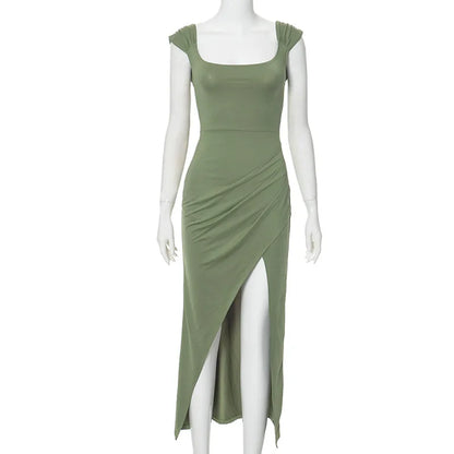 Square Neck Slim Slit Long Dress For Women Sleeveless Irregular High Waisted Backless Summer Solid Color Evening Dress