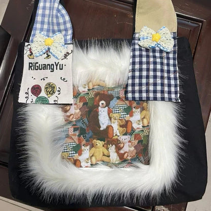 Fur Patchwork Vintage Plaid Shoulder Bags Sweet Y2k Cartoon Bear Chic Bow Handbags Casual Women Harajuku Ins Grunge Underarm Bag