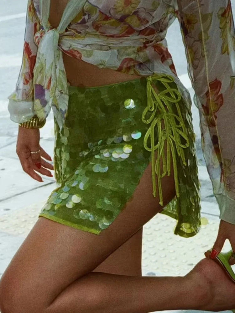 Vintage Sequin Lace Up Mini Skirt Women Sexy Solid Glitter Slit Low Waist A-lined Skirts Female 2025 Chic Versatile Streetwaer
