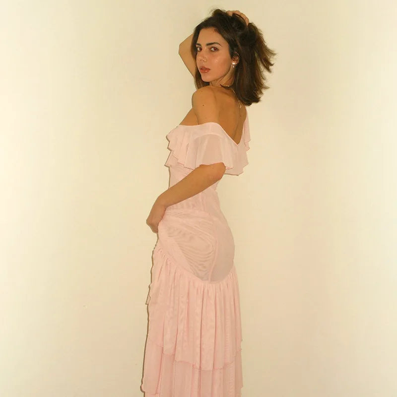 Mesh Patckwork Ruffled Edge Tank Maxi Dress Women V-neck Backless Irregular Waist Cinching Slim Long Dress Party Clubwear