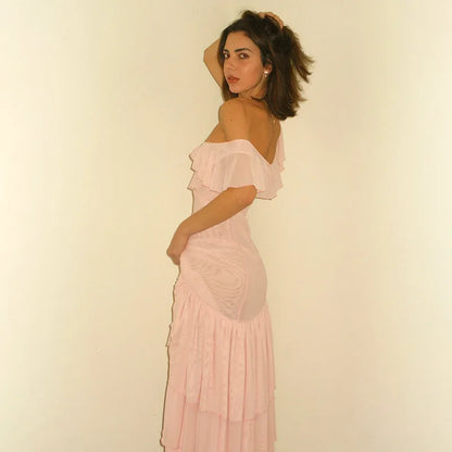 Mesh Patckwork Ruffled Edge Tank Maxi Dress Women V-neck Backless Irregular Waist Cinching Slim Long Dress Party Clubwear