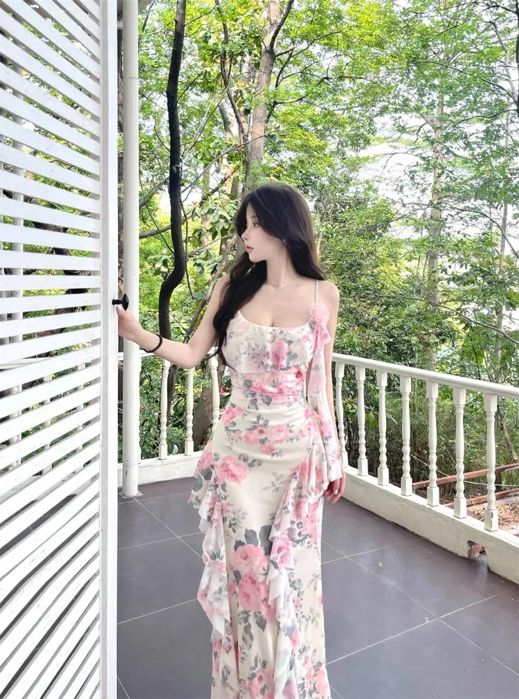 Women Dresses Sleeveless Slash Neck Gradient Floral Printed Mesh Patchwork Slim Vintage Elegant Party Dress Ladies