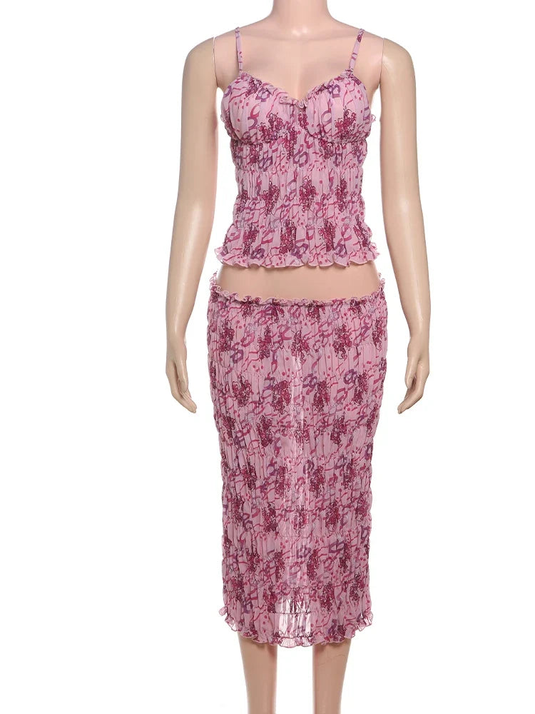 See Through Print Folds 2-Piece Set Women Backless Sleeveless Suspenders+Elasticated Waist Skirts Holiday Matching Suit