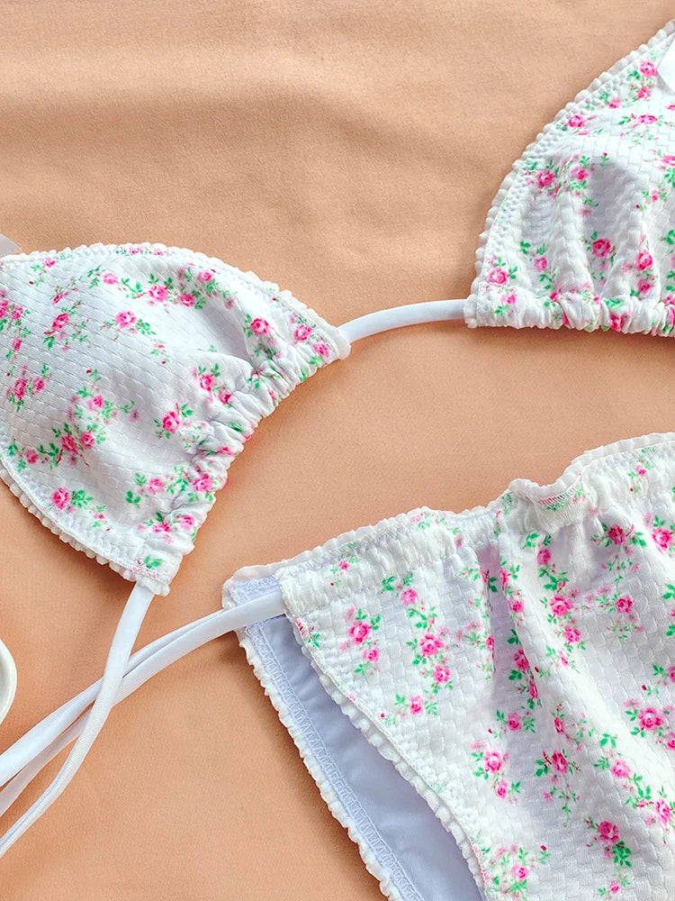 Sexy Bikini Floral Print Swimwear Women Bow Bikini Set Bandage Beachwear Halter Bathing Suits 2024 Summer Biquini String Bikini
