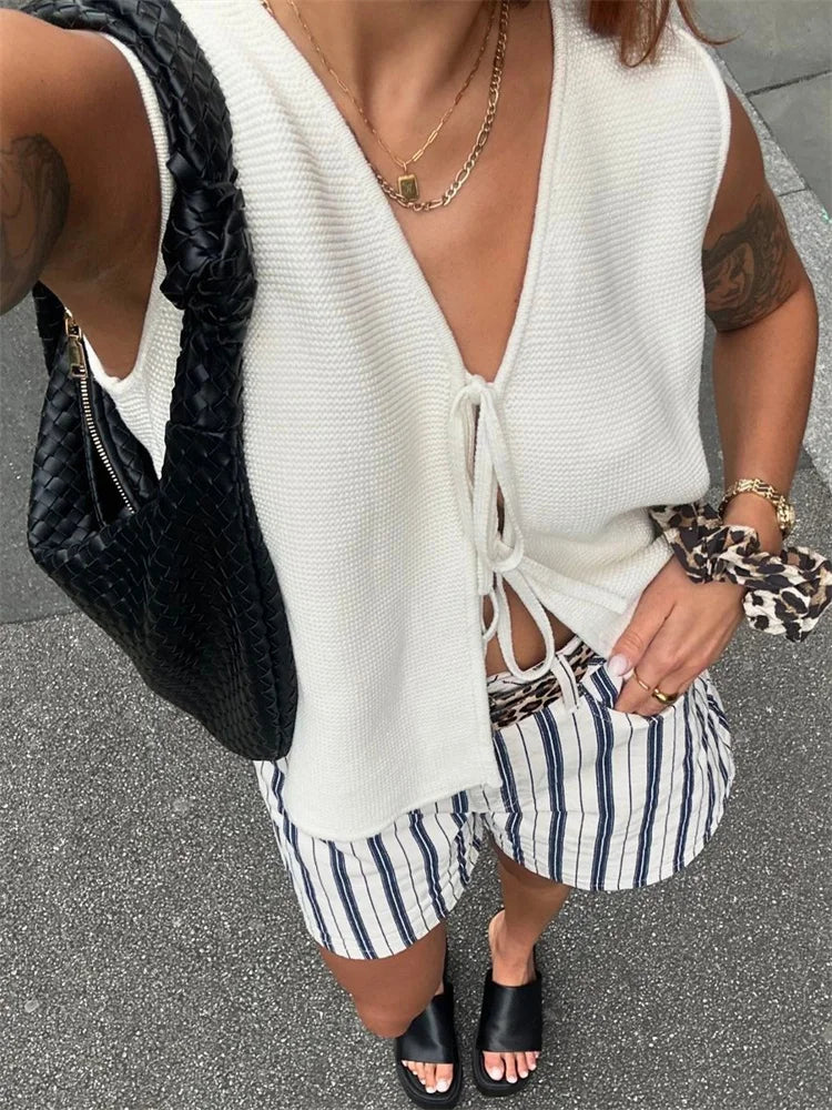 Ribbed Fashion Bandage Cardigan Tank Top Female V-Neck Sleeveless Lace-Up Cropped Vest Top High Waist Casual Summer Top