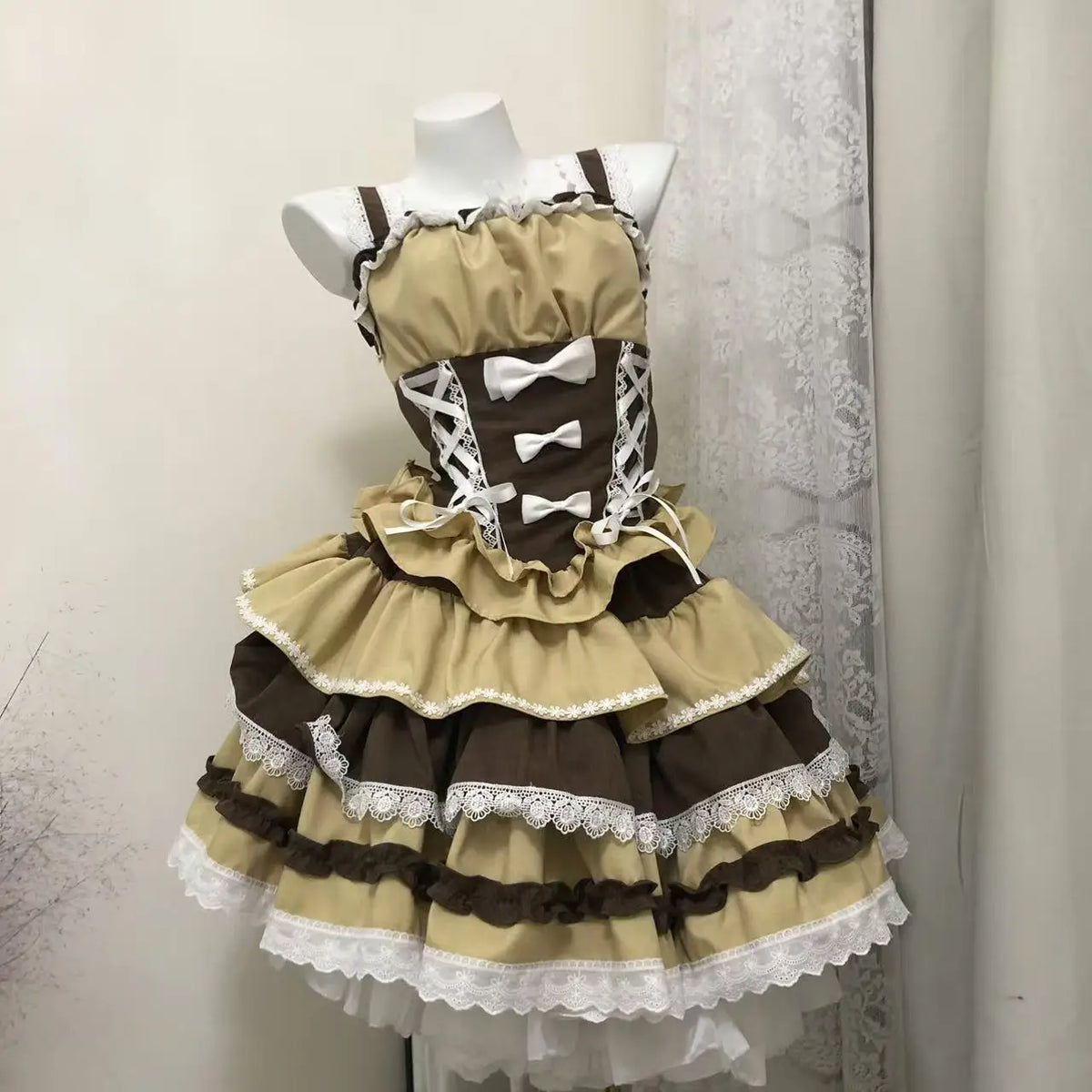 New Lolita Japanese Maid Suit Suspender Lace Bow Upper and Lower Suit Two-dimensional Sweet Cute Cos Comic Show Cake Skirt