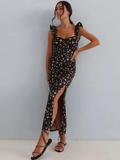 Printed Slit Backless Long Dress Women's Elegant Lace Contrast Color Slim Sleeveless Hip Summer Evening Dress Long Dress