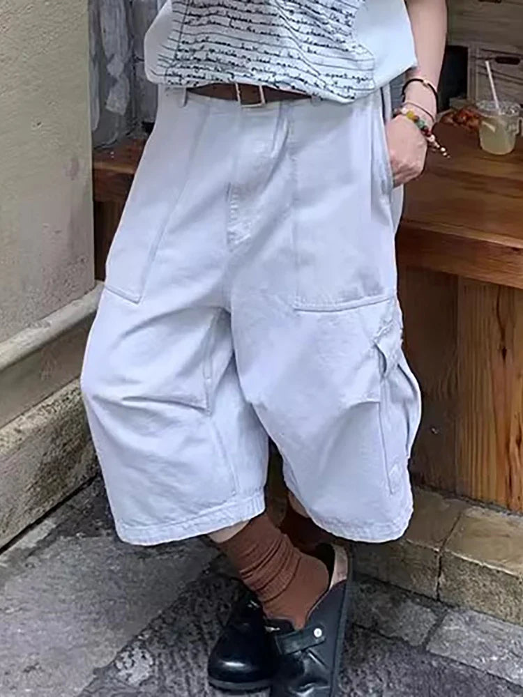 Big Pockets White Denim Cargo Pants Women Solid Vintage Pintuck Adjustable Low Waist Wide Leg Baggy Jorts Summer Clothes