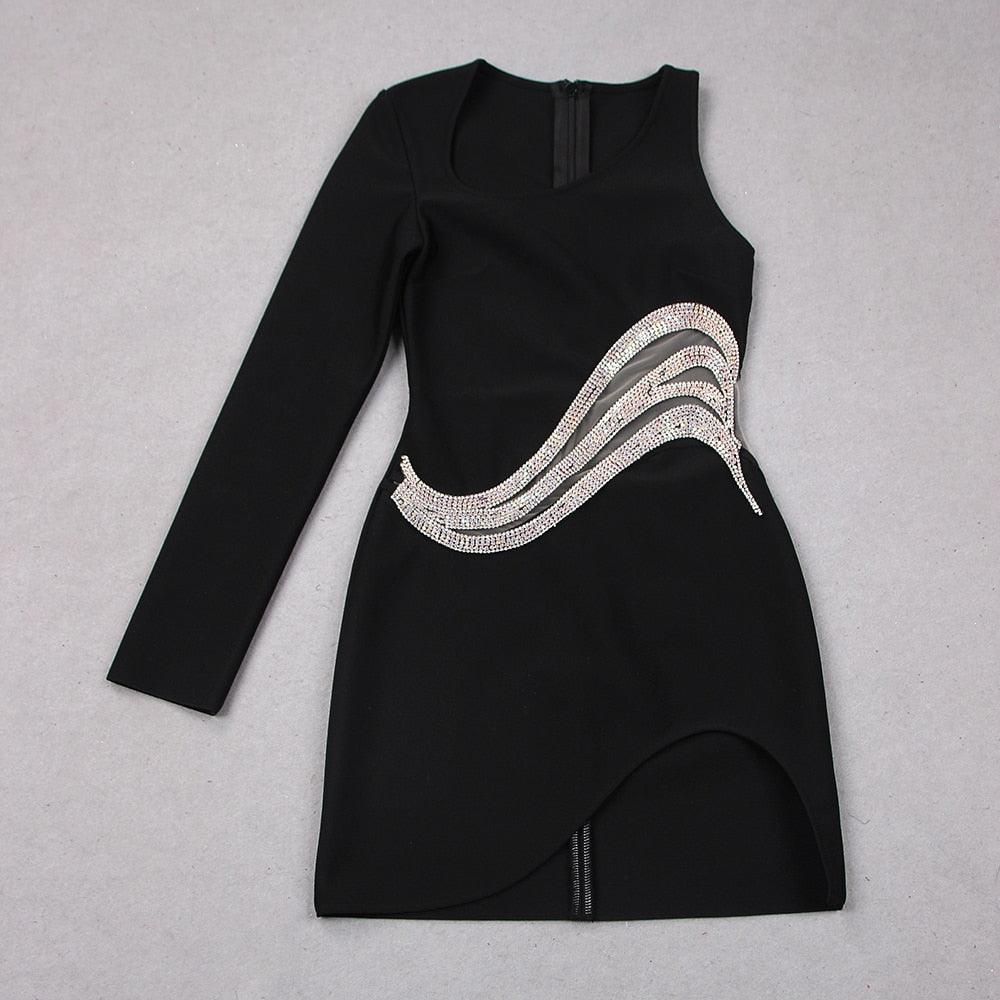 One Shoulder Rhinestone Mesh Mini Dress