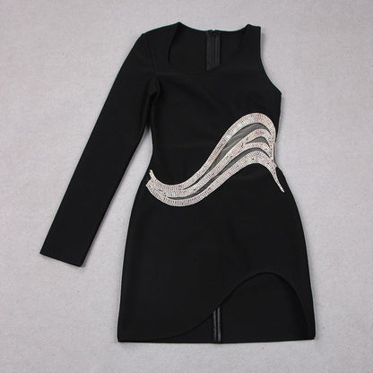 One Shoulder Rhinestone Mesh Mini Dress