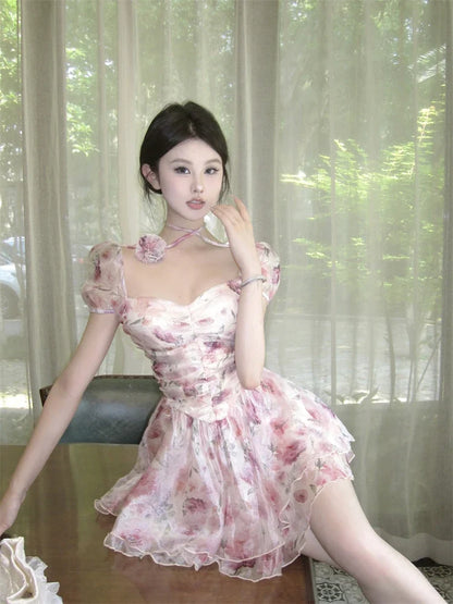 Elegant Princess Floral Short Dresses for Women Y2K Puff Sleeve Backless Printed Ruffles A-line Korean Fashion One Piece Vestido