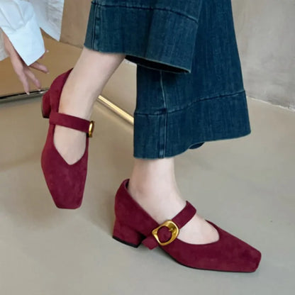Women's Mary Janes Vintage Faux Suede Pumps Square Toe Dress Shoes Autumn Buckle Strap High Heels Ladies Shoes 1863