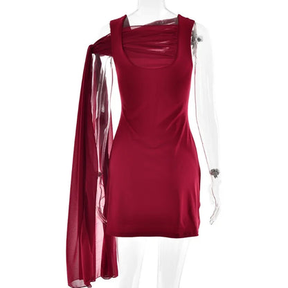 Square Neck Draped Panel Chiffon Sash Shoulder Mini Dress