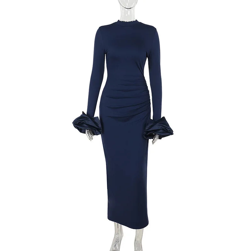 Mock Neck Long Sleeve Ruffle Cuff Side Slit Bodycon Maxi Dress