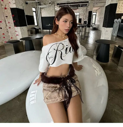 Y2K Distressed Print Crop Top-Women's Off Shoulder High Waist Vintage Tee Retro Grunge Style Ripped Short Sleeve Shirt