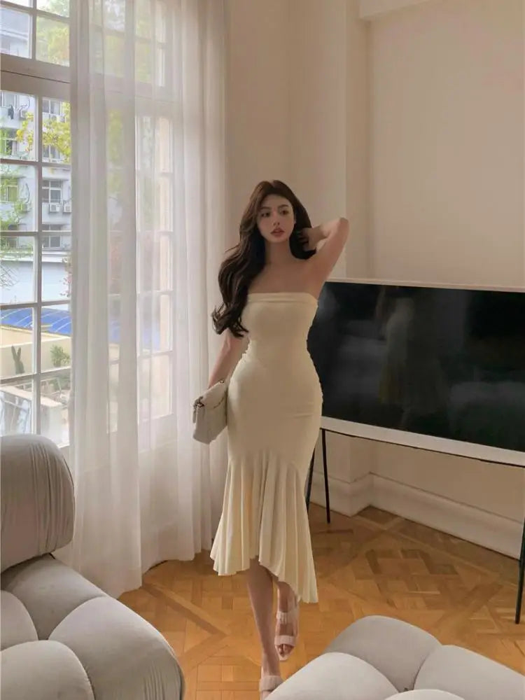 Summer Aesthetic Midi Dress Women Strapless Fishbone Bandage Irregular Dress Party Club Sexy Elegant Dresses Backless Solid
