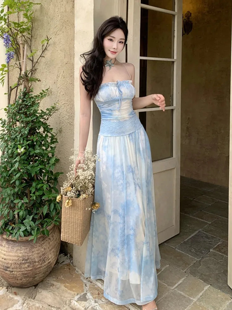 Holiday Beach Vintage Printed Backless Long Blue Dress Women Summer Spaghetti Strap Elegant Fairy Dress Evening Party Dresses