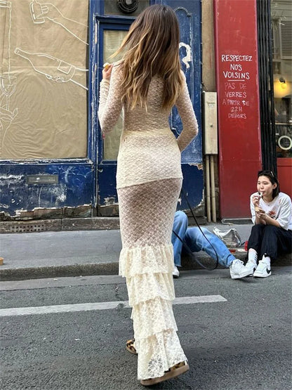 Lace Printed 2 Piece-Set Maxi Skirt For Women Ruffled See-Through Hollow Out Party Outfits Summer Female Long Skirt Sets