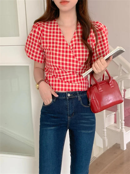 High Sweet Shirts Plaid Women Sweet V-Neck Slim New Casual Summer Short Puff Sleeve Office Lady Chic Daily