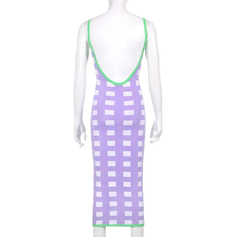 Summer Backless Plaid Knitted Long Dress Women Vintage Robe Sleeveless Bodycon Flexibility Strap Midi Dresses Party Fashion