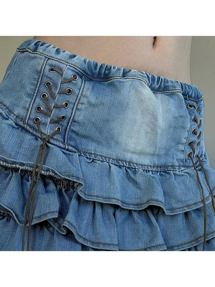 Summer Women Korean Low Rise Gothic Mini Denim Tierred Ruffles Skirt Gyaru Harajuku 2000s Coquette Y2k Streetwear Kpop Chic Goth