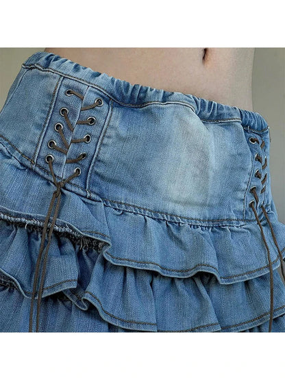Summer Women Korean Low Rise Gothic Mini Denim Tierred Ruffles Skirt Gyaru Harajuku 2000s Coquette Y2k Streetwear Kpop Chic Goth