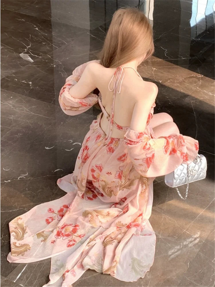 Summer Fashion High Split Irregular Long Holiday Chiffon Dress Women Backless Halter Off Shoulder Floral Print Beach Fairy Dress